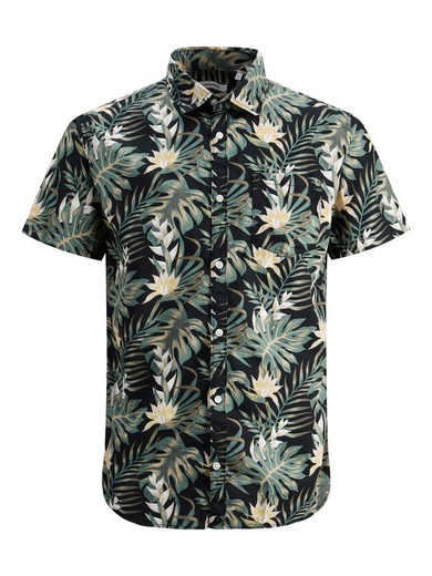 Camisa m/c con estampado hojas tropicales Jack & Jones Black