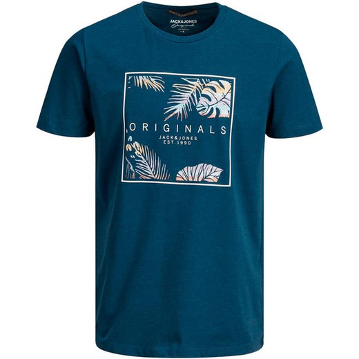 Camiseta con print branding & hojas tropicales engomado Jack & Jones Ensign Blue