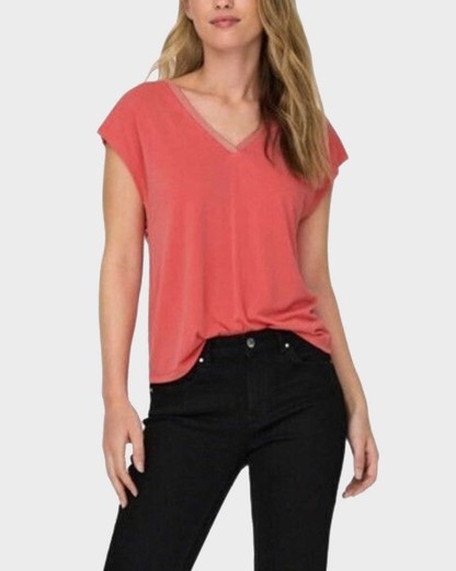 Camiseta s/m de cuello pico repuntes Only Coral