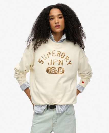 Sudadera de cuello redondo con letras Superdry lentejuelas Superdry Cream White