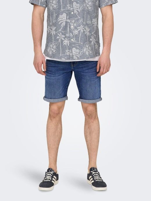 Bermuda 5 bolsillos tejana de aspecto desgastado Only & Sons Dark Blue