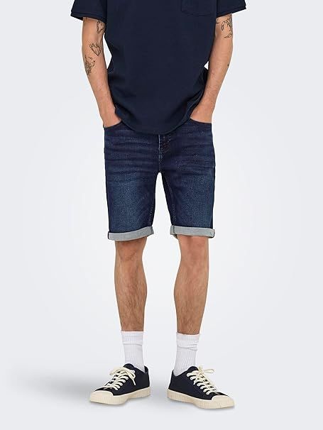 Bermuda 5 bolsillos tejana de aspecto desgastado Only & Sons Dark Blue