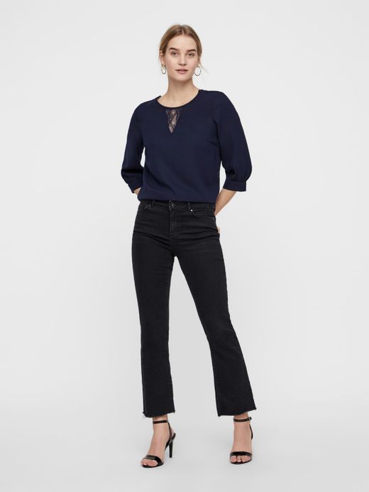 Blusa manga 3/4 com detalhes em renda Vero Moda Night Sky