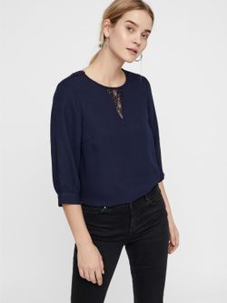 Blusa manga 3/4 com detalhes em renda Vero Moda Night Sky