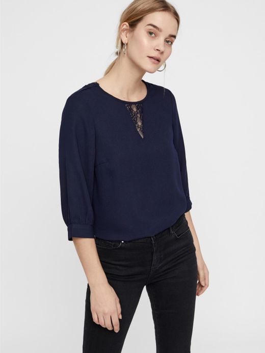 Blusa manga 3/4 com detalhes em renda Vero Moda Night Sky