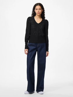 Blusón m/l de cuello pico con calados Pieces Black