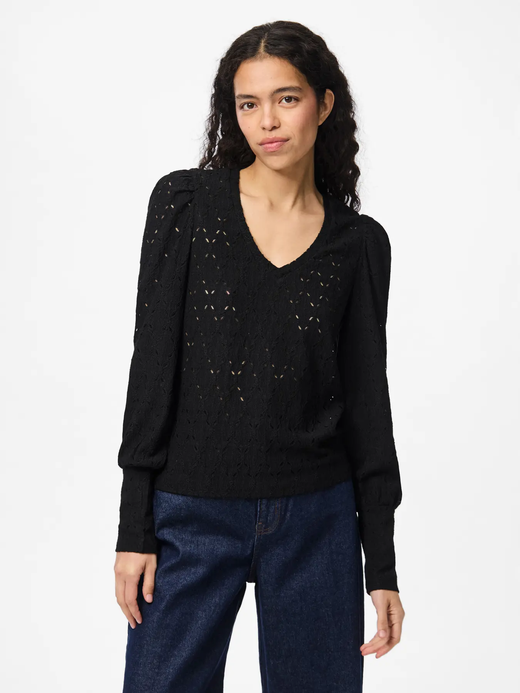 Blusón m/l de cuello pico con calados Pieces Black