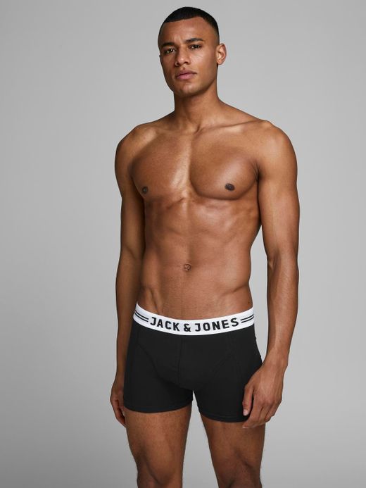 Plain stretch boxer with contrasting white band and branding lettering. Jack & Jones Black