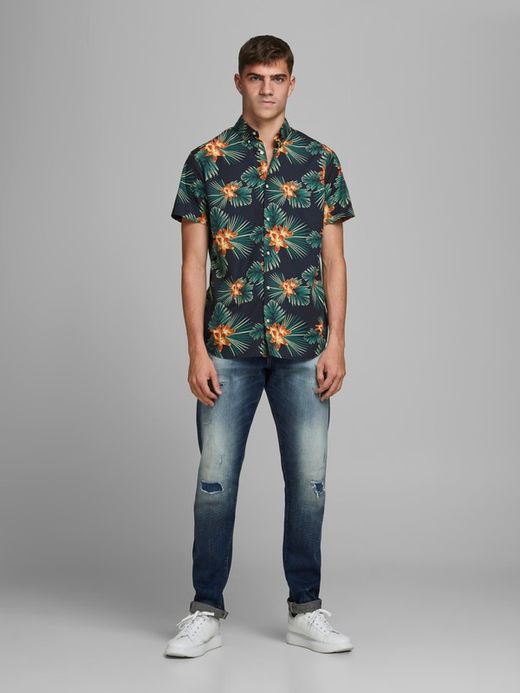 Camisa con estampado flores tropicales Jack & Jones Navy Blazer