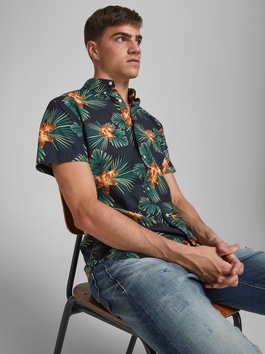 Camisa con estampado flores tropicales Jack & Jones Navy Blazer