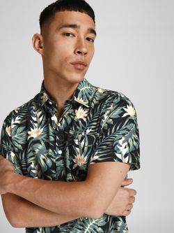 Camisa m/c con estampado hojas tropicales Jack & Jones Black