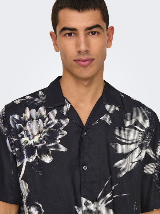 Camisa m/c resort con estampado floral monocolor Only & Sons Jet Black