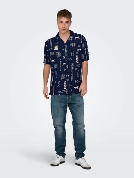 Camisa m/c viscosa con dibujos monocolor Only & Sons Navy Blazer