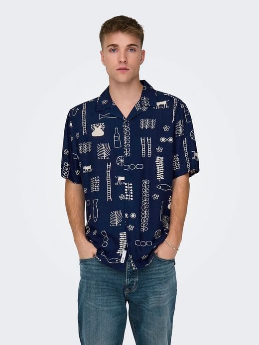 Camisa m/c viscosa con dibujos monocolor Only & Sons Navy Blazer