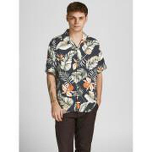 Camisa m/c viscosa con estampado tropical Jack & Jones Black