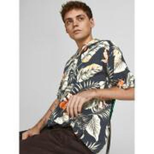 Camisa m/c viscosa con estampado tropical Jack & Jones Black