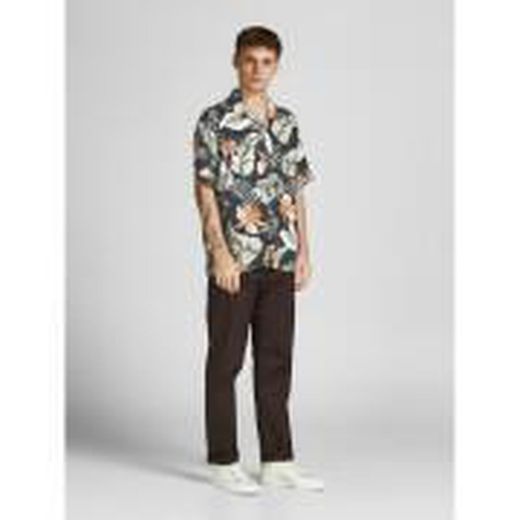 Camisa m/c viscosa con estampado tropical Jack & Jones Black