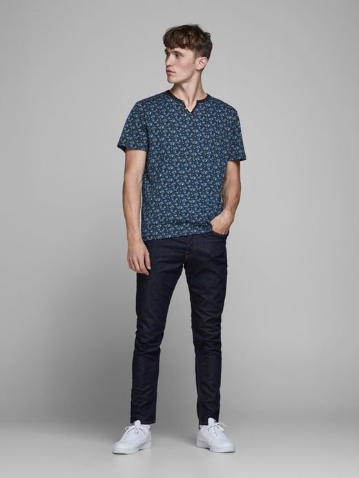 T-shirt scollo aperto micro stampa Jack & Jones Navy Blazer