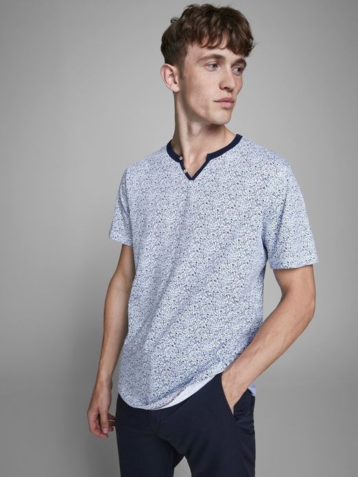 Jack & Jones T-shirt scollo aperto micro stampa bianca