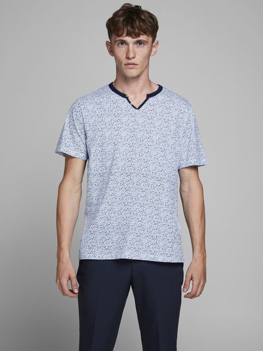 Jack & Jones T-shirt scollo aperto micro stampa bianca
