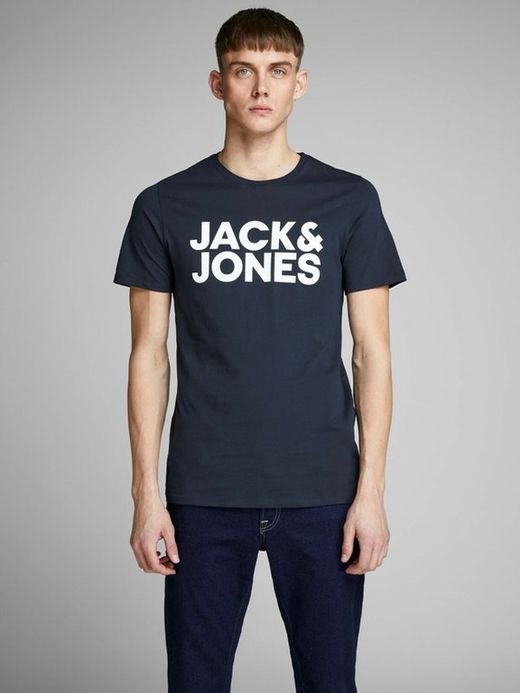 Camiseta de cuello redondo con letras logo Jack & Jones Navy Blazer