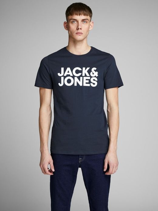 Camiseta de cuello redondo con letras logo Jack & Jones Navy Blazer