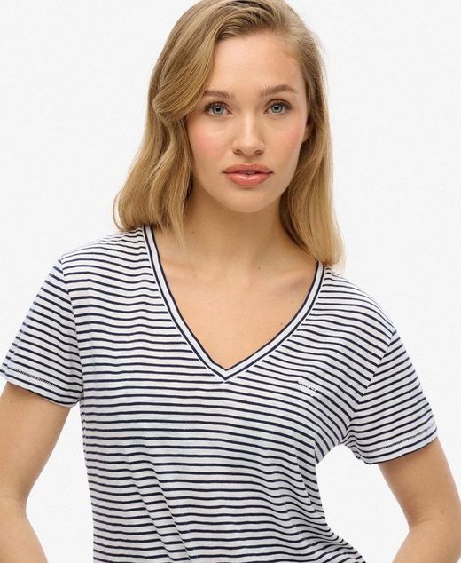 Camiseta de m/c de cuello pico rayas marineras Superdry Navy