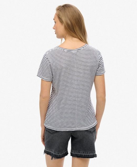 Camiseta de m/c de cuello pico rayas marineras Superdry Navy