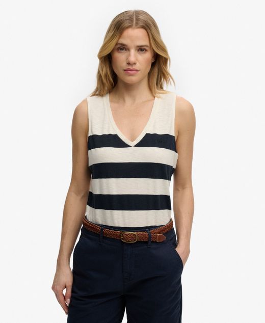 Camiseta de tirantes de cuello pico rayas anchas Superdry Off White