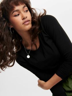 Nur schwarzes Langarm-Stretch-Top mit Rundhalsausschnitt