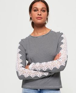 Camiseta manga larga con rayas y bordado Superdry Black