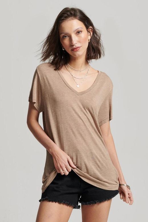 Camiseta m/c básica cuello pico lurex Superdry Tan