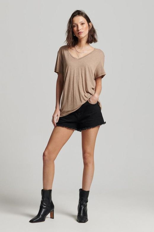 Camiseta m/c básica cuello pico lurex Superdry Tan