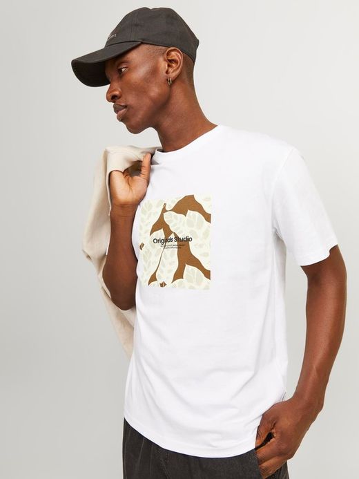 Camiseta m/c con cuadro print hojas Jack & Jones Bright White