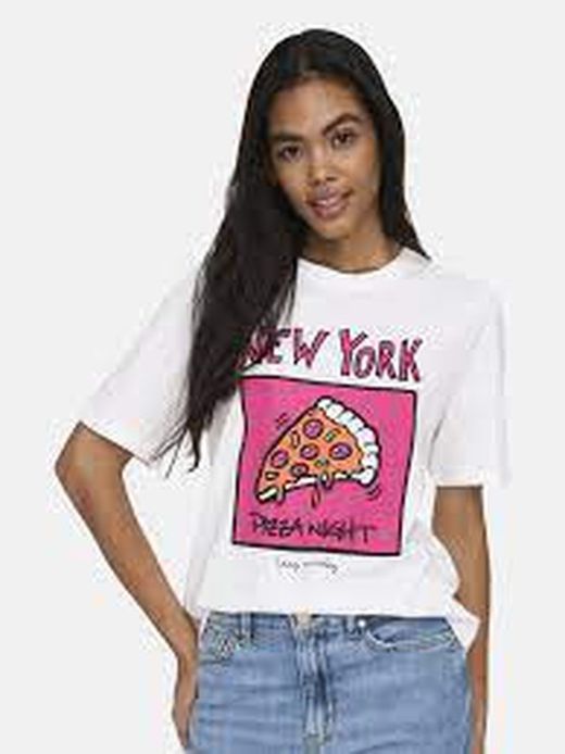 Camiseta m/c con dibujo pizza Only Bright White