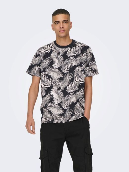 Camiseta m/c con estampado hojas palmera Only & Sons Dark Navy