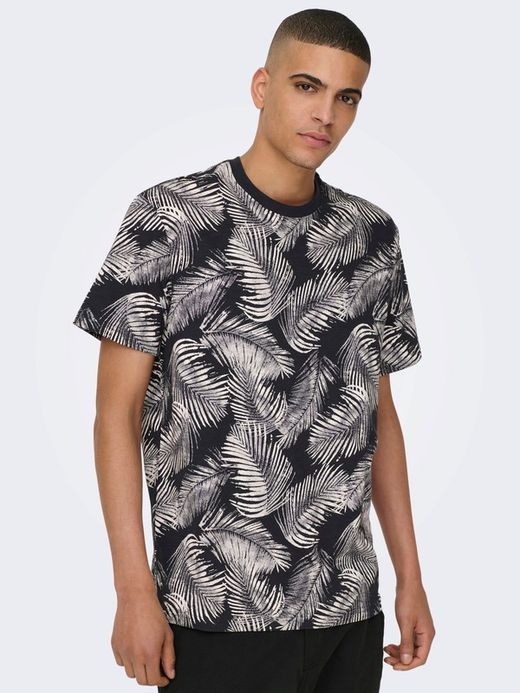 Camiseta m/c con estampado hojas palmera Only & Sons Dark Navy
