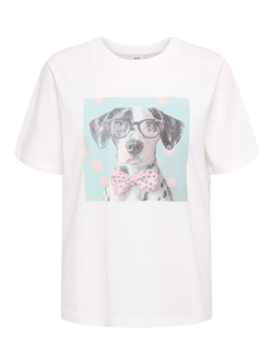 Camiseta m/c con print perro & pajarita Jdy White