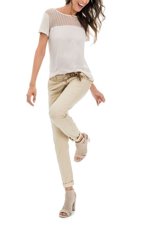 Camiseta de manga corta con punto calado en hombros Salsa Beige
