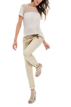 Camiseta de manga corta con punto calado en hombros Salsa Beige