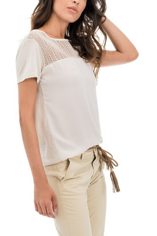 Camiseta de manga corta con punto calado en hombros Salsa Beige