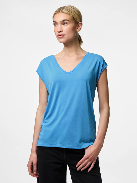 Camiseta s/m básica con cuello pico Pieces Azure Blue