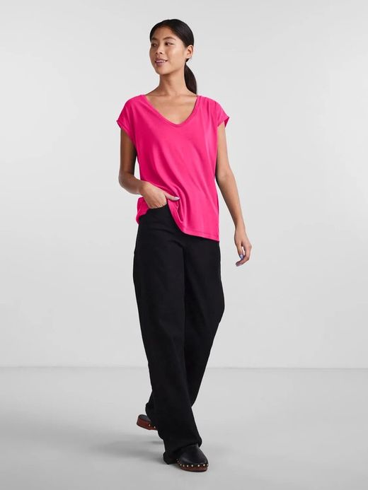 Camiseta s/m básica con cuello pico Pieces Pink