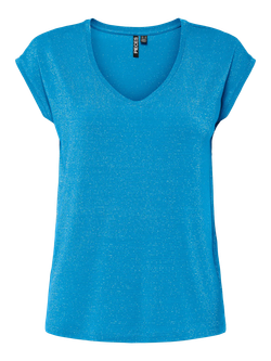 Camiseta s/m con rayas lurex y de cuello pico Pieces Blue