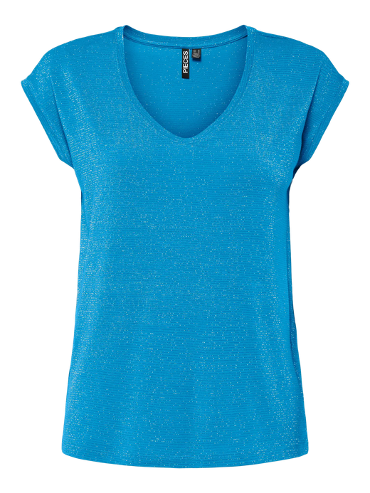 Camiseta s/m con rayas lurex y de cuello pico Pieces Blue