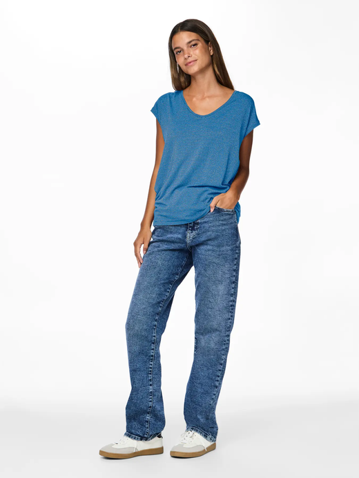 Camiseta s/m con rayas lurex y de cuello pico Pieces Blue