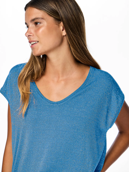 Camiseta s/m con rayas lurex y de cuello pico Pieces Blue