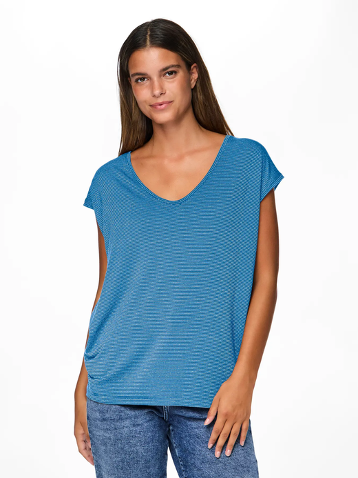 Camiseta s/m con rayas lurex y de cuello pico Pieces Blue