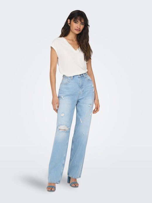 Camiseta s/m de cuello pico repuntes Only Cloud Dancer