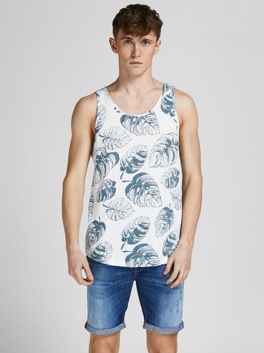 Camiseta tirantes con estampado hojas tropicales Jack & Jones Cloud Dancer